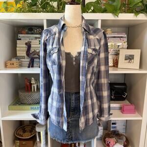 Vtg Mudd Coastal Cowgirl Western Blue Plaid Roll Sleeve Button Down Wms Large